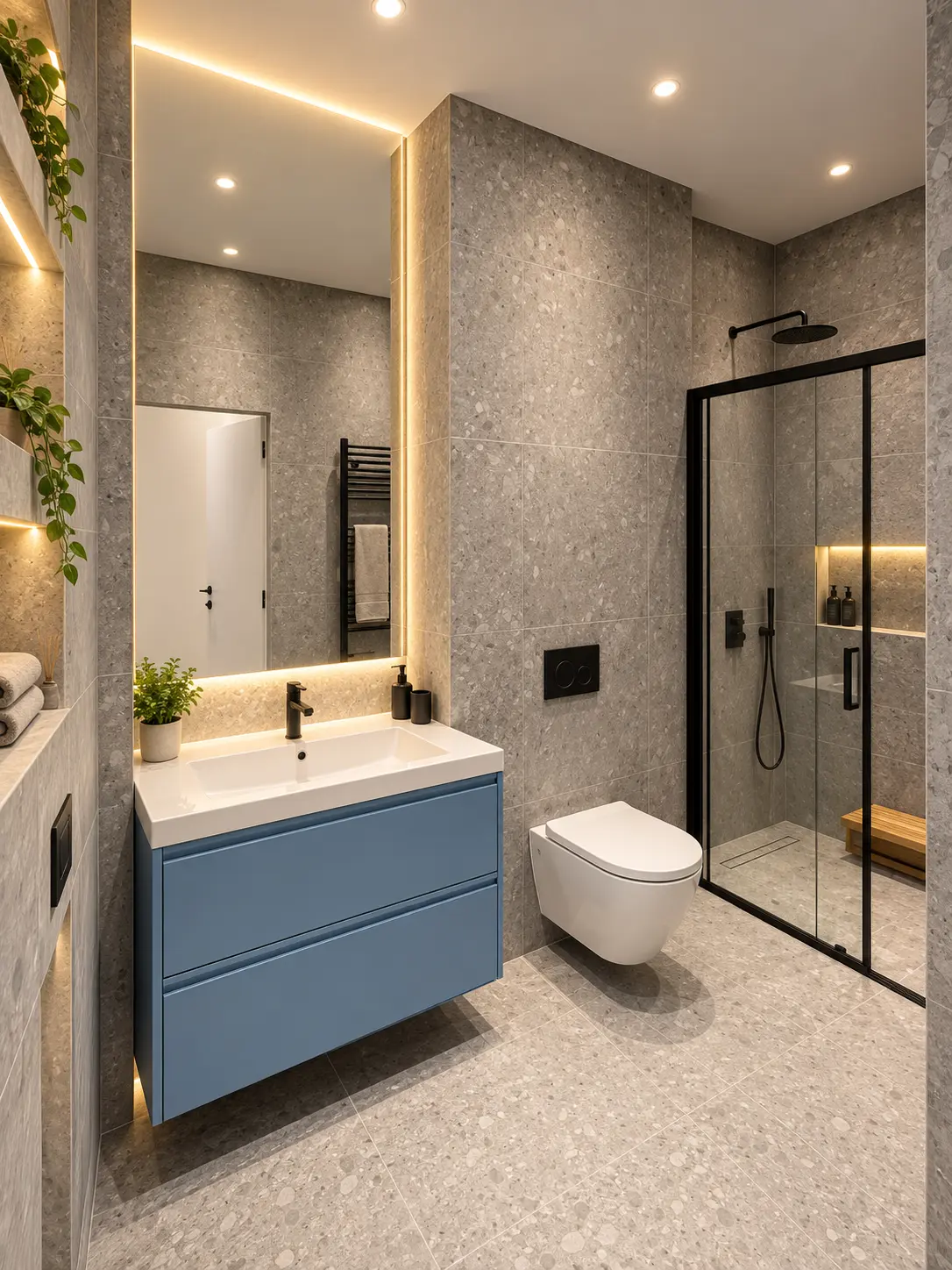 Terrazzo burkolatú fürdőszoba zuhanykabinnal és világító tükörrel